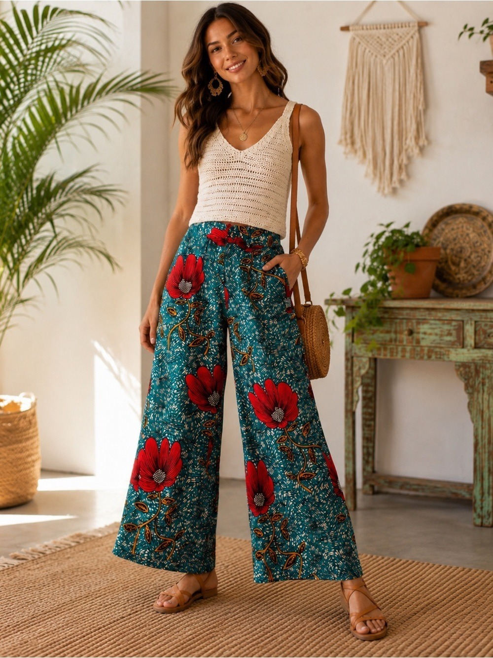 Boho Wide-Leg Floral Pants - Teal with Red Floral